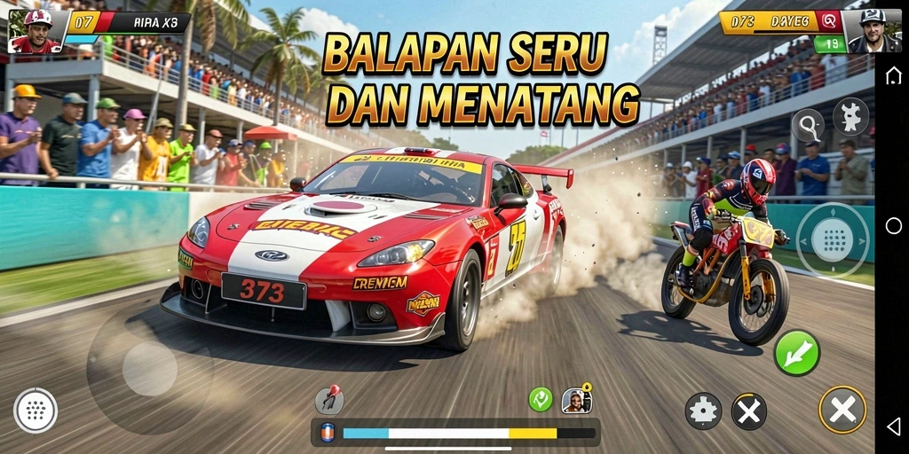 Screenshot gameplay D73 yang menampilkan aksi balap mendebarkan.