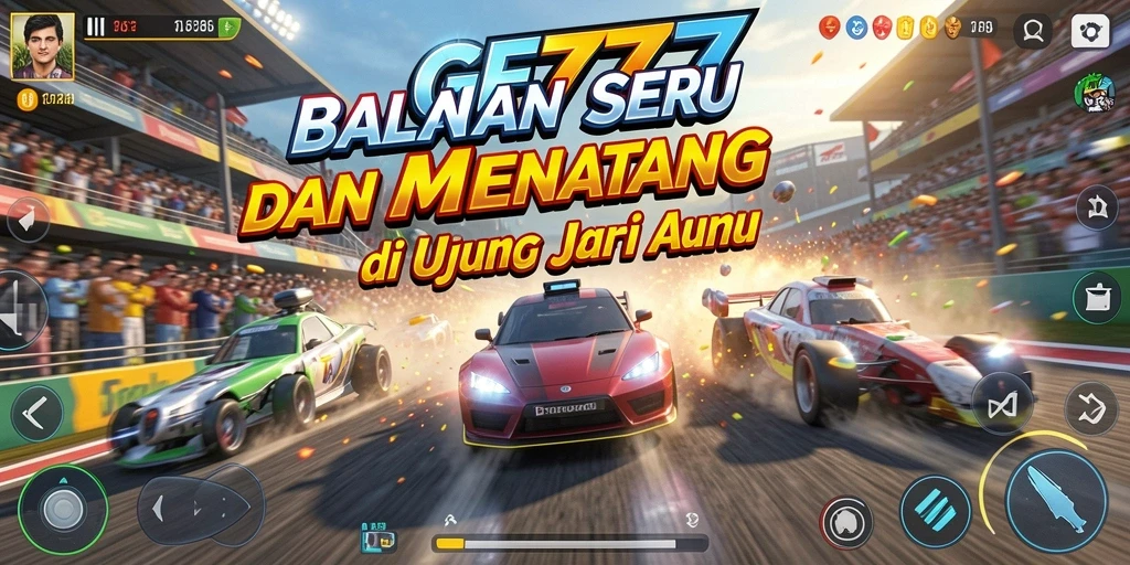 Screenshot GF777 menampilkan balapan seru dengan mobil cepat di trek yang menakjubkan.