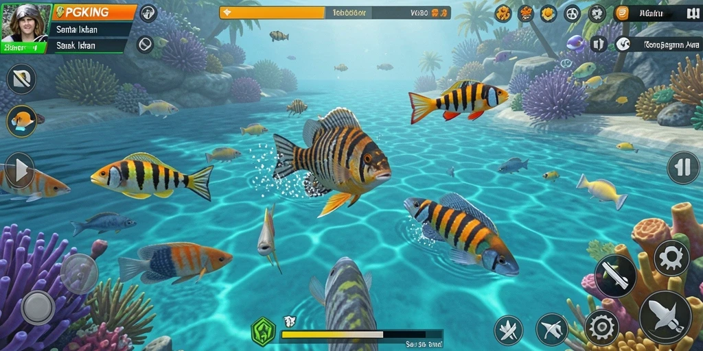 Screenshot PGKING menampilkan aksi seru menembak ikan di bawah laut.