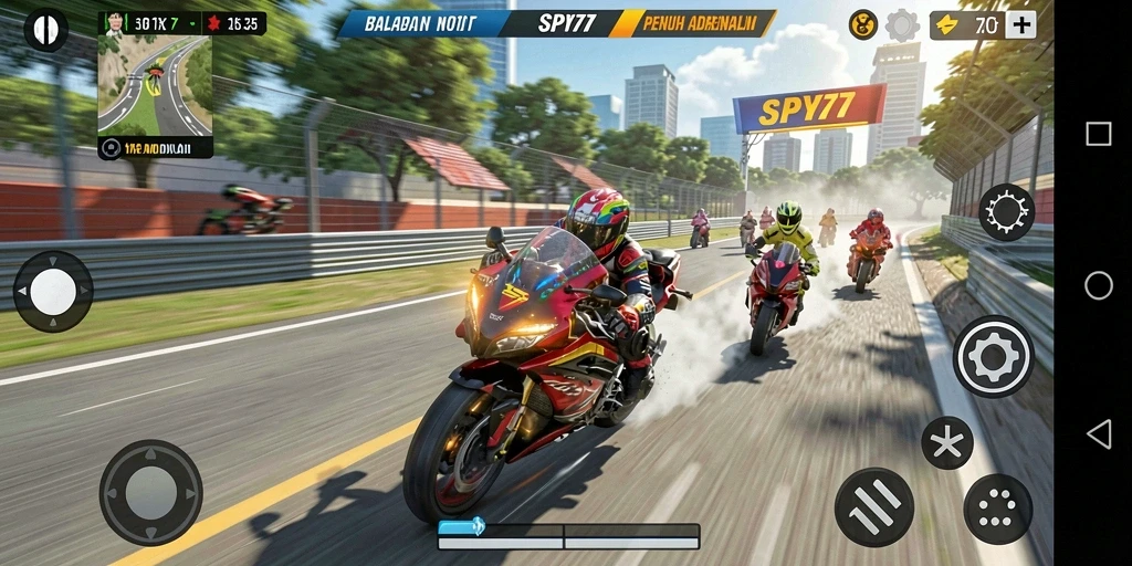 Gameplay seru balapan motor dalam SPY77 dengan grafik menakjubkan.