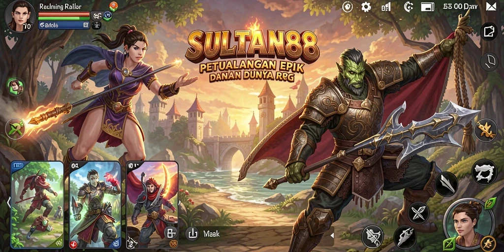 Tangkapan layar gameplay SULTAN88 menampilkan pertempuran epik dan eksplorasi.