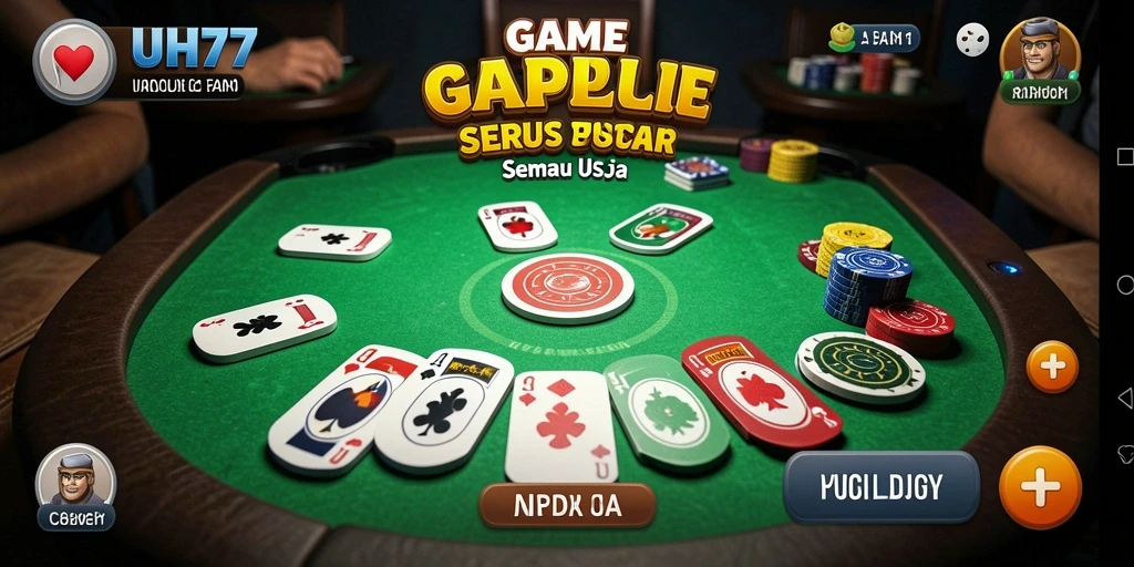 Tampilan gameplay UH77 yang menampilkan kartu Gaple yang menarik.